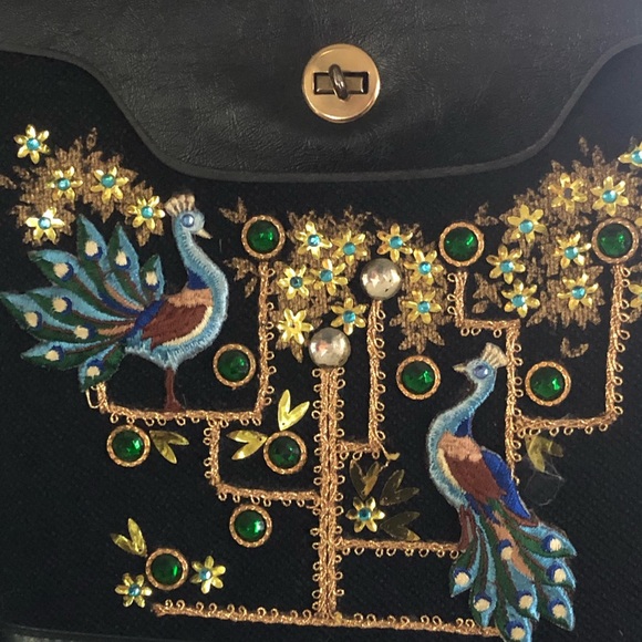 Vintage Jeweled Peacock Handbag w Wood Bottom - Picture 8 of 10